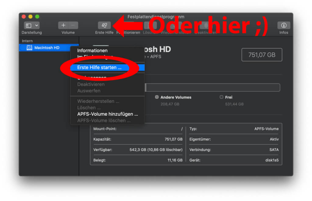 In the macOS disk utility you can go to troubleshooting. However, you cannot fully fix the errors in the file system of the start volume (boot hard disk).