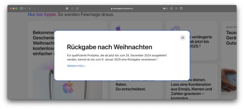 Im Apple Store wird auf die angepasste Rückgabefrist für das Weihnachtsgeschäft 2024 hingewiesen.