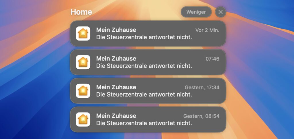 Apple Home Mitteilung am Mac: Die Steuerzentrale antwortet nicht. Da ich kein Smart Home eingerichtet habe, war die einfachste Lösung, alle Home-Mitteilungen zu deaktivieren.